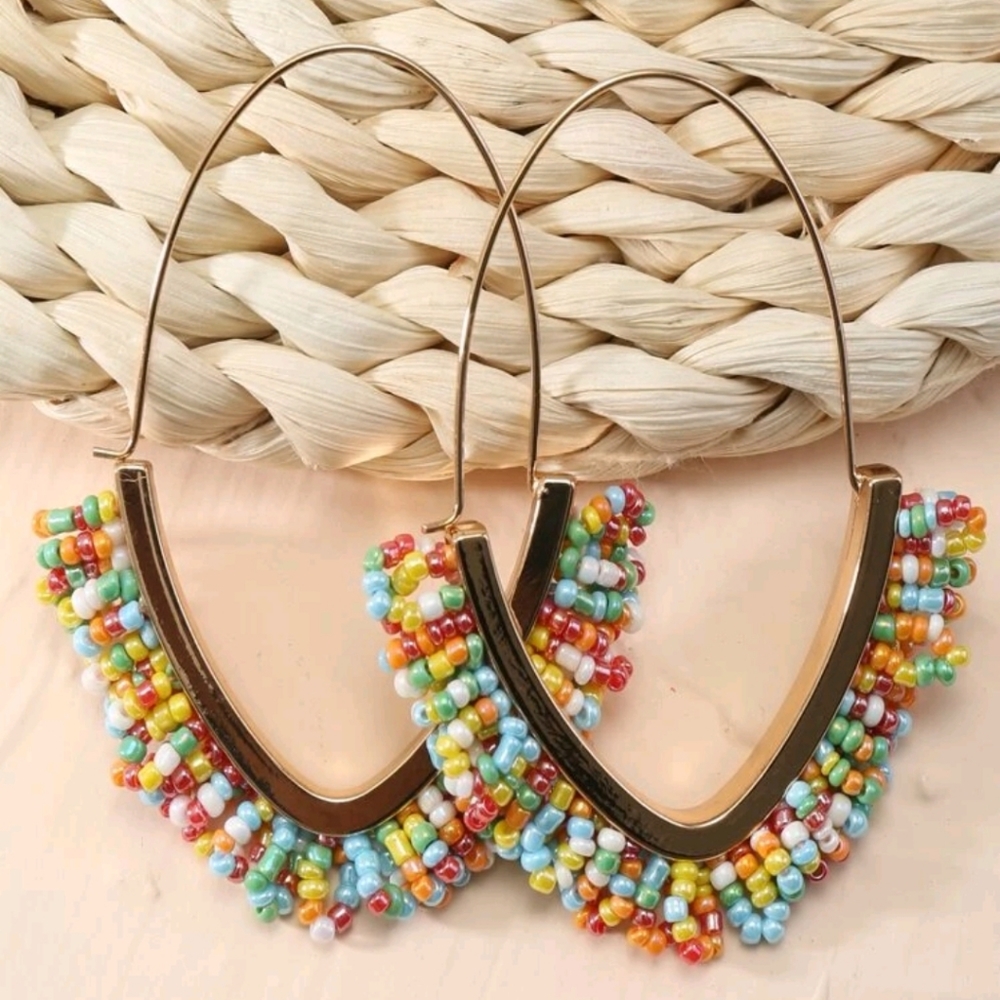 Anthropologie Multicolor Beaded Gold-Tone Hoop Earrings